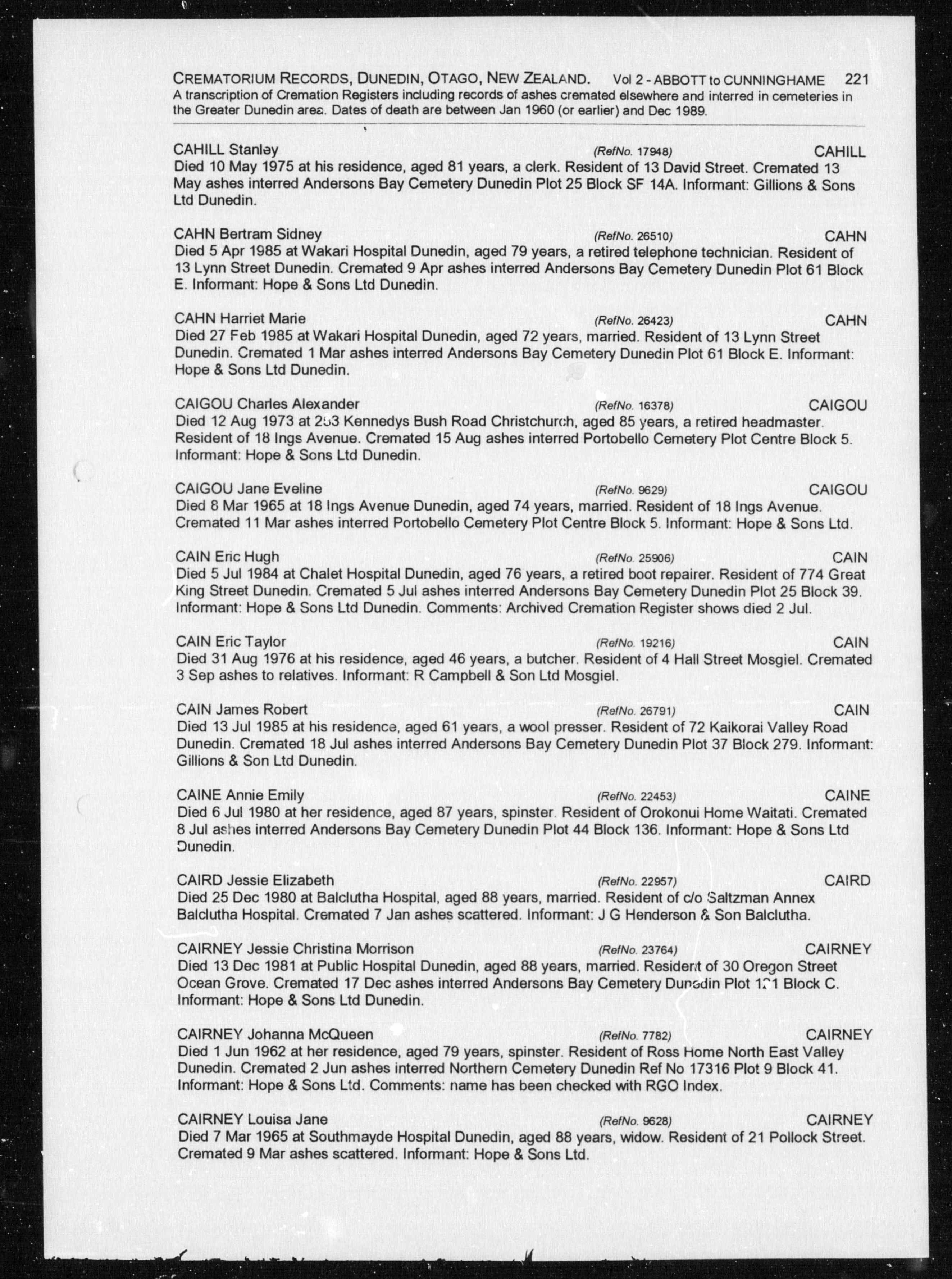 New Zealand, Cemetery Records, 1800-2007