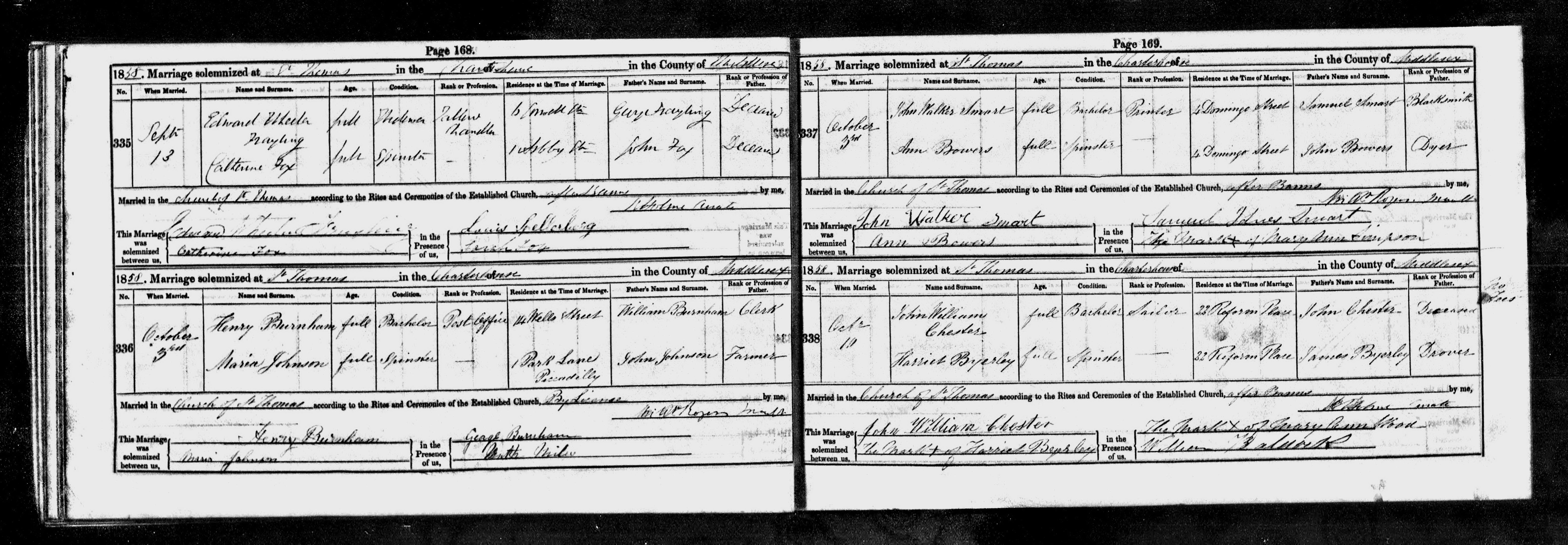 1858 Marriage Bann for  Edward Wheeler frayling