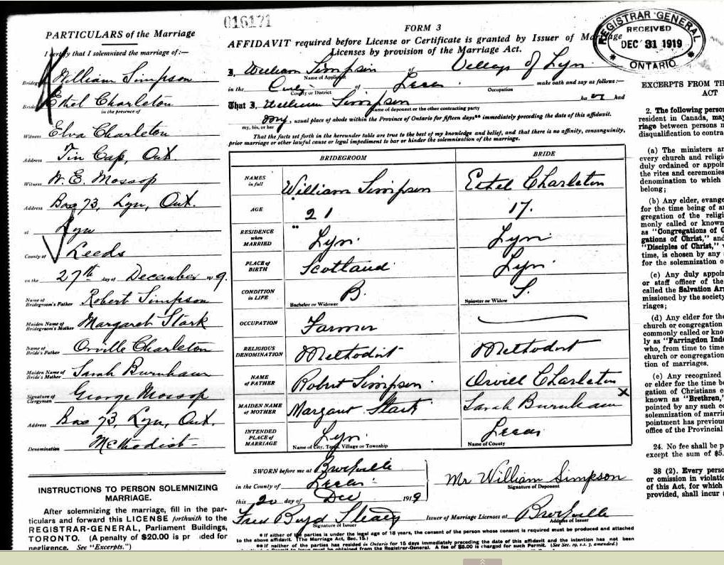 1919 marriage reg William Simpson