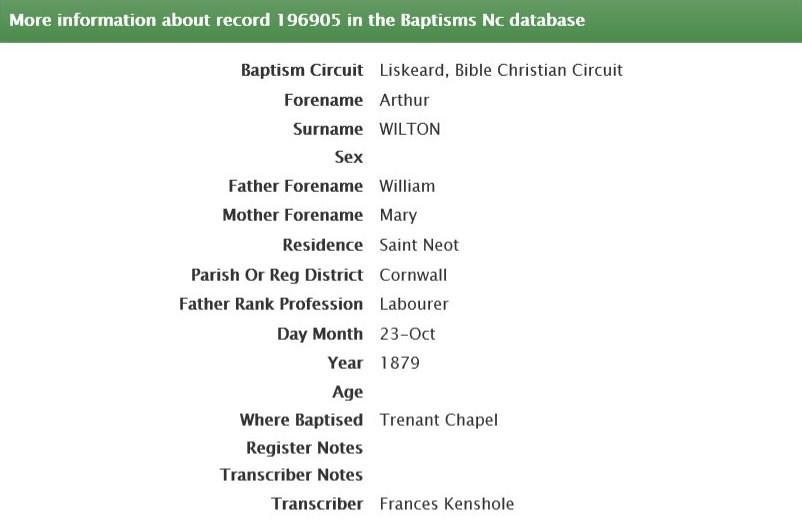 Baptism record of Arthur Wilton 1879