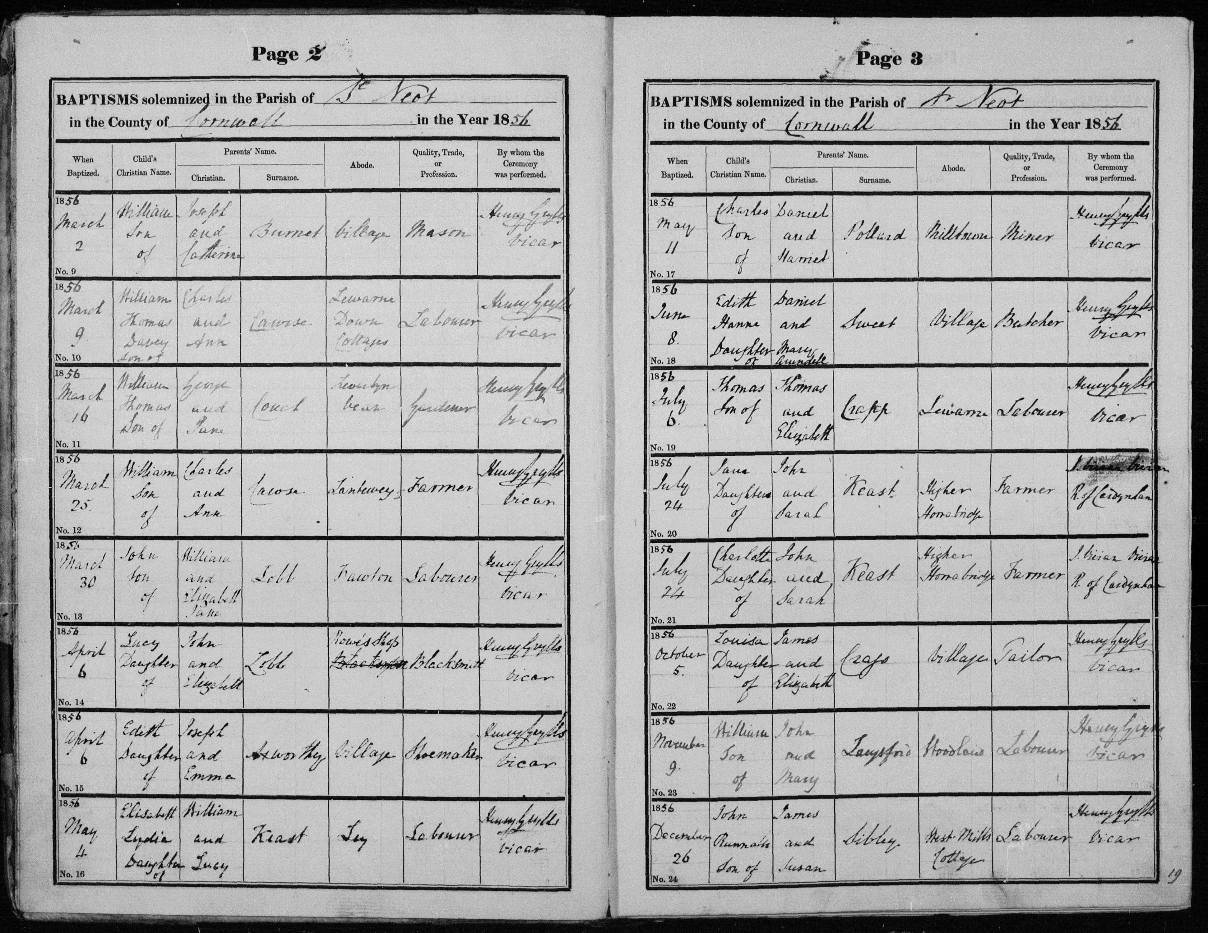 Baptism record of Jane Keast 24th July 1856