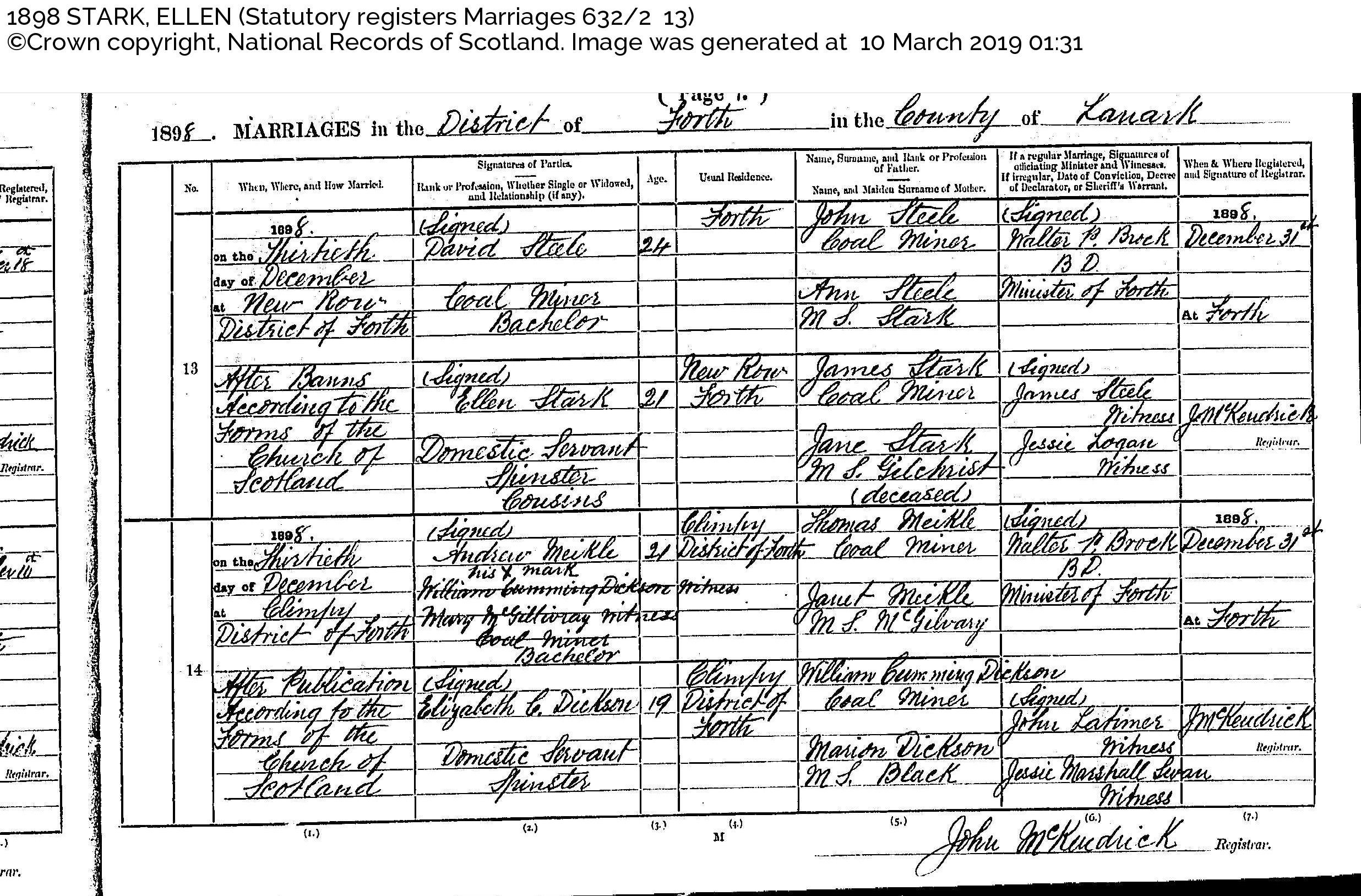 David Steele and Ellen Stark Marriage 1898