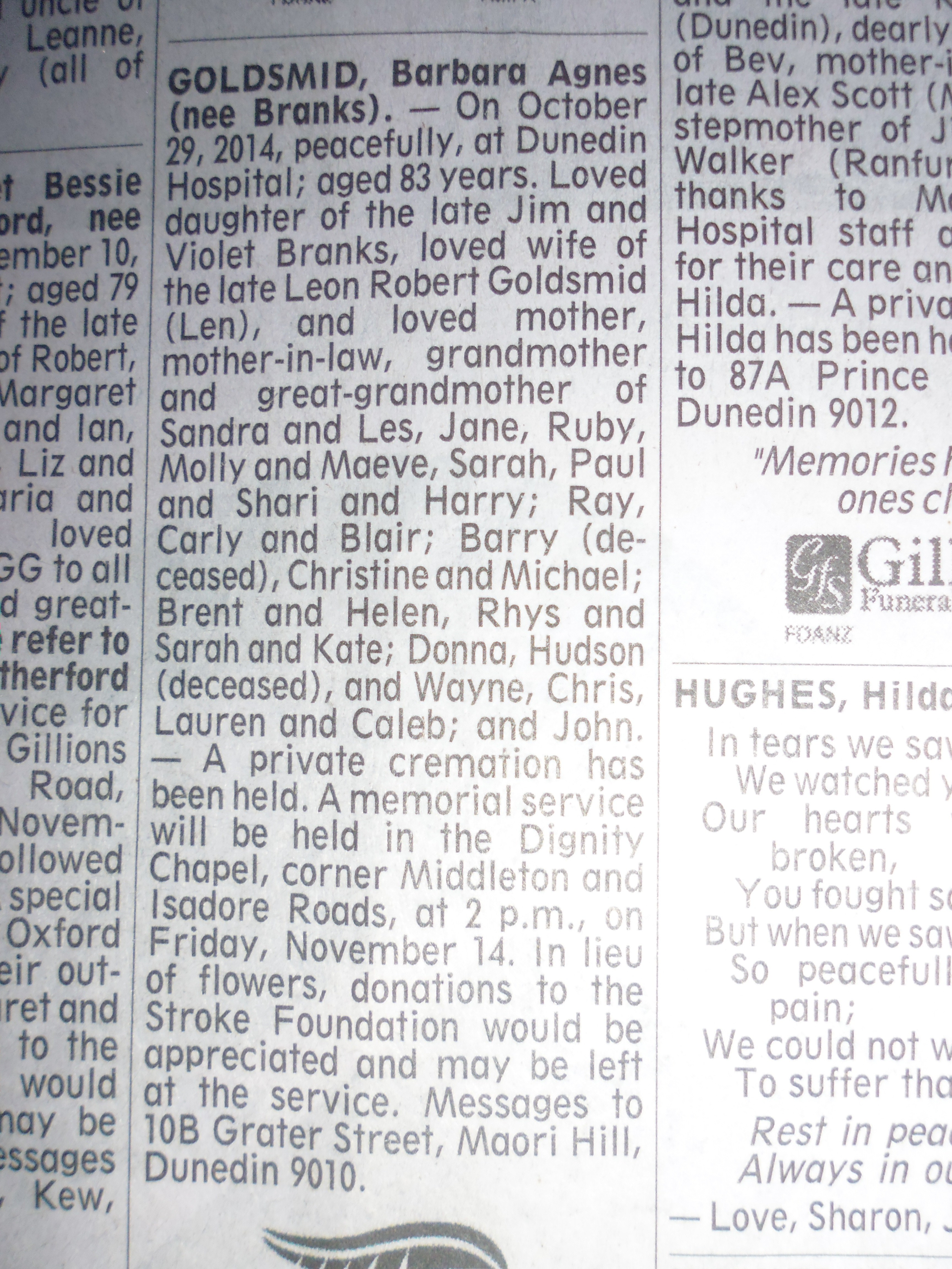 Death notice: Barbara Goldsmid (nee Branks)