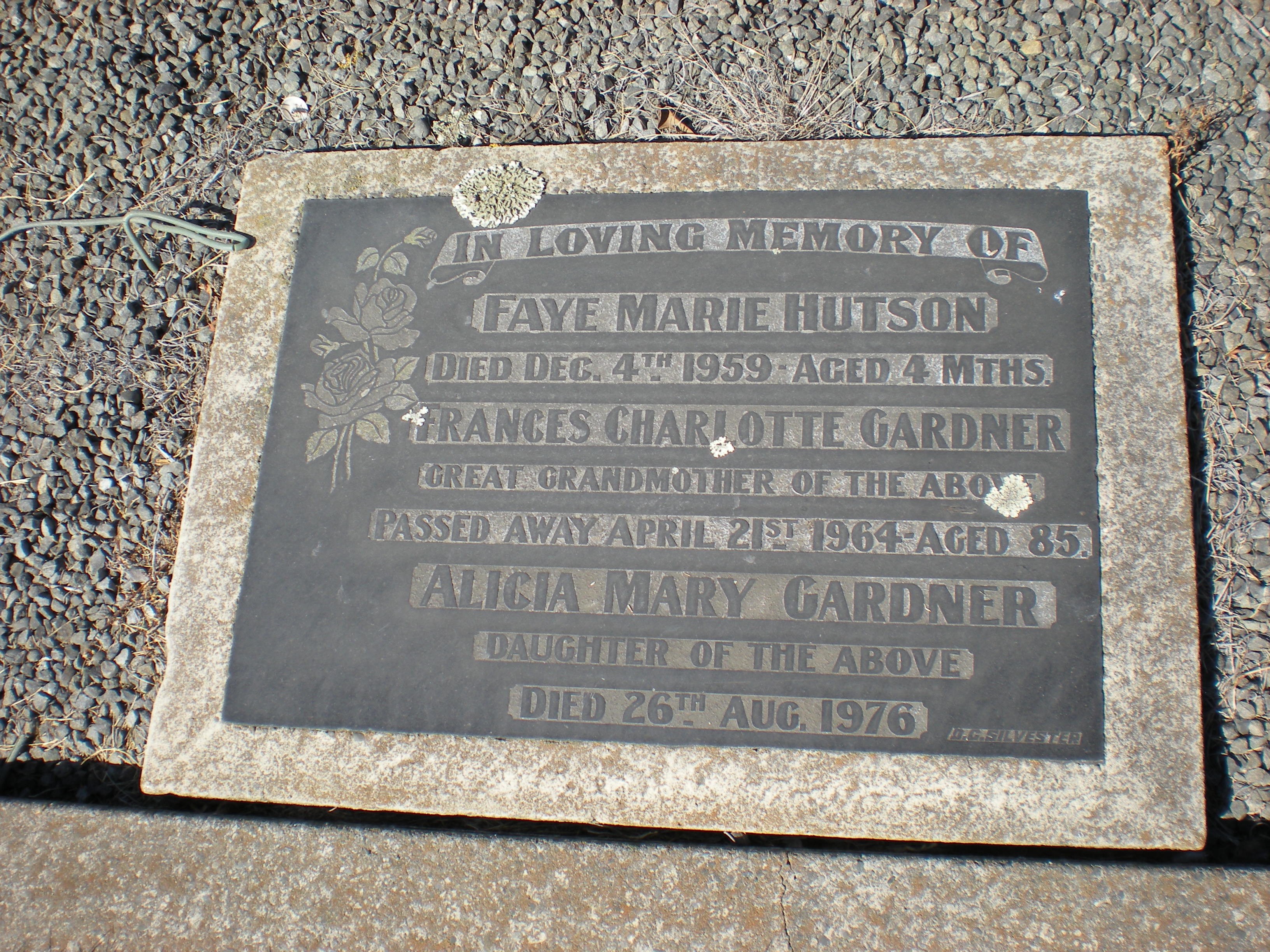 Frances Charlotte Gardner (nee Moss), Alicia Mary Gardner and Faye Marie Hutson Headstone