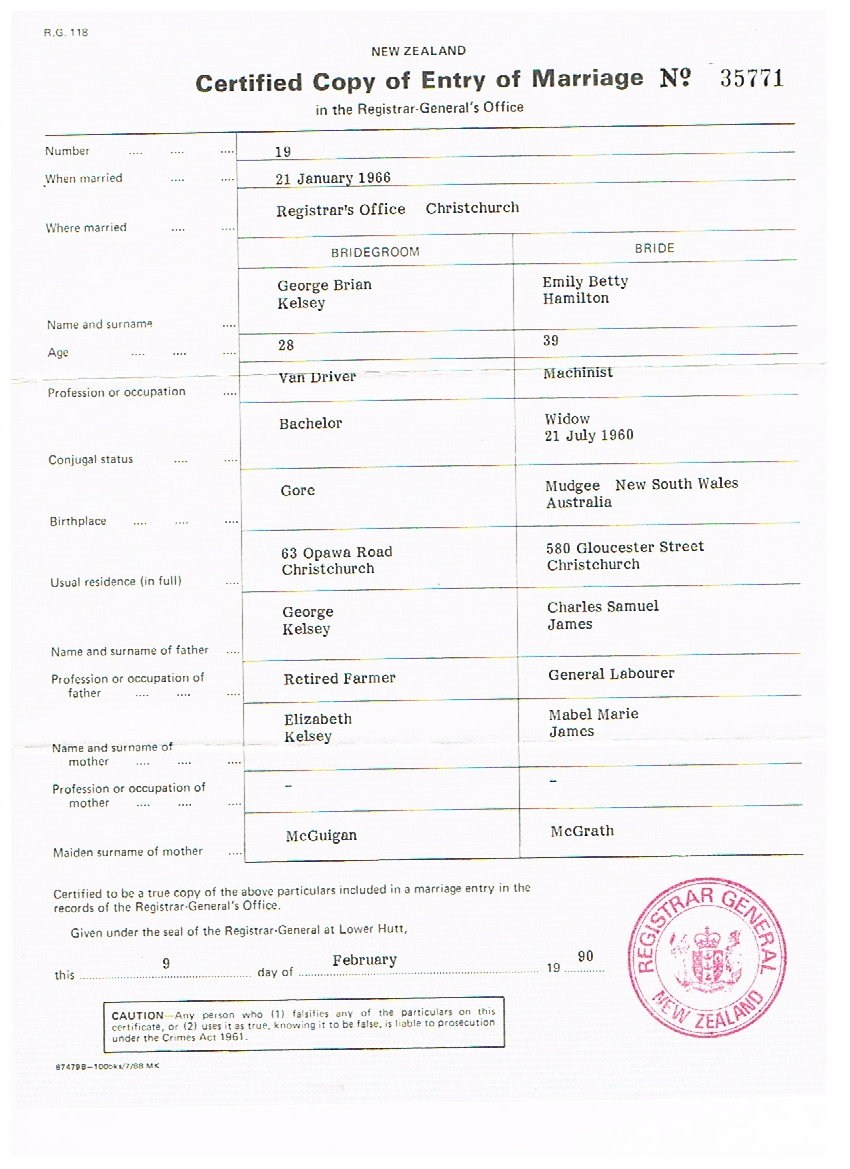 George Kelsey and Emily Hamilton marriage certificate