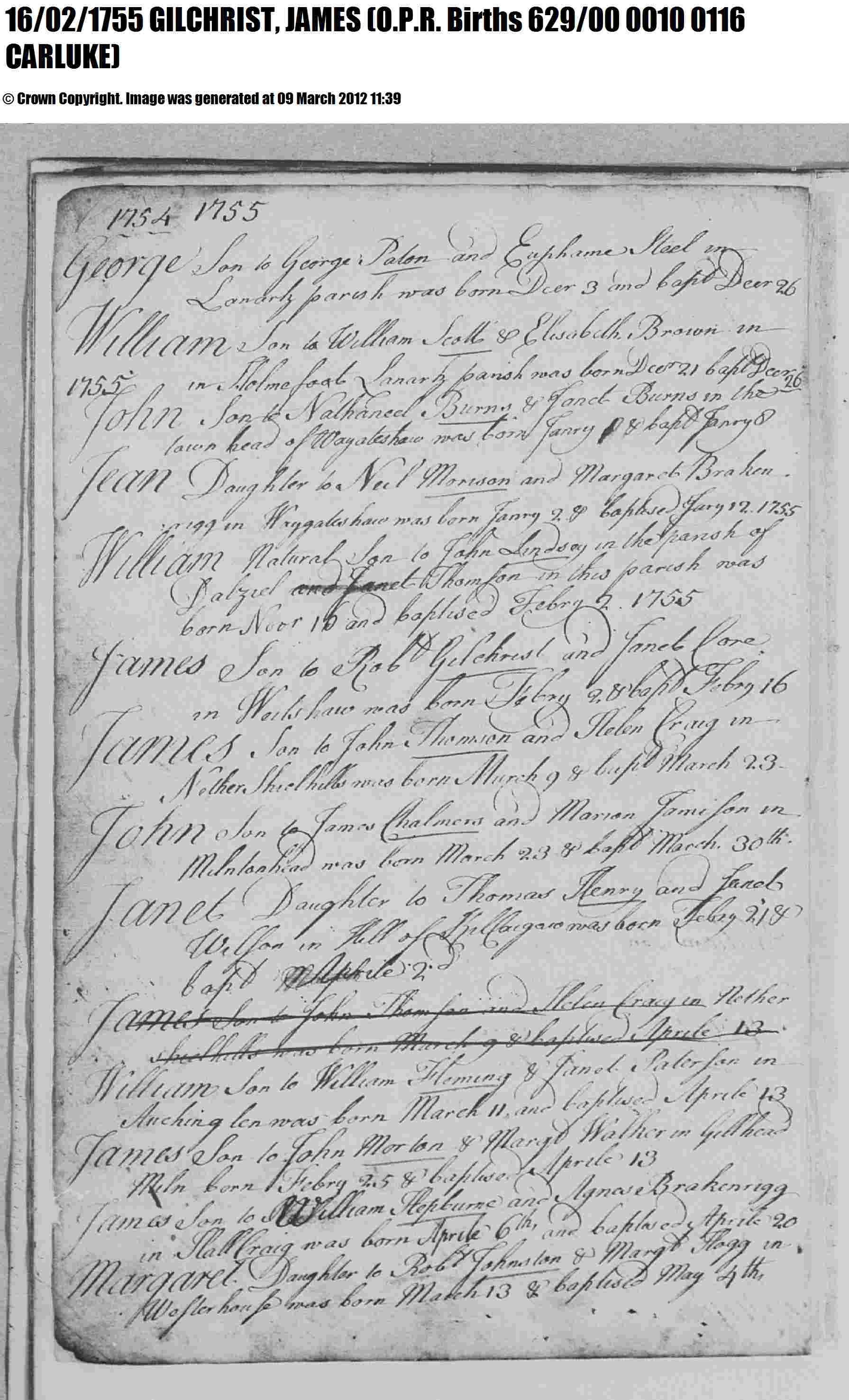 James Gilchrist birth registration 1755