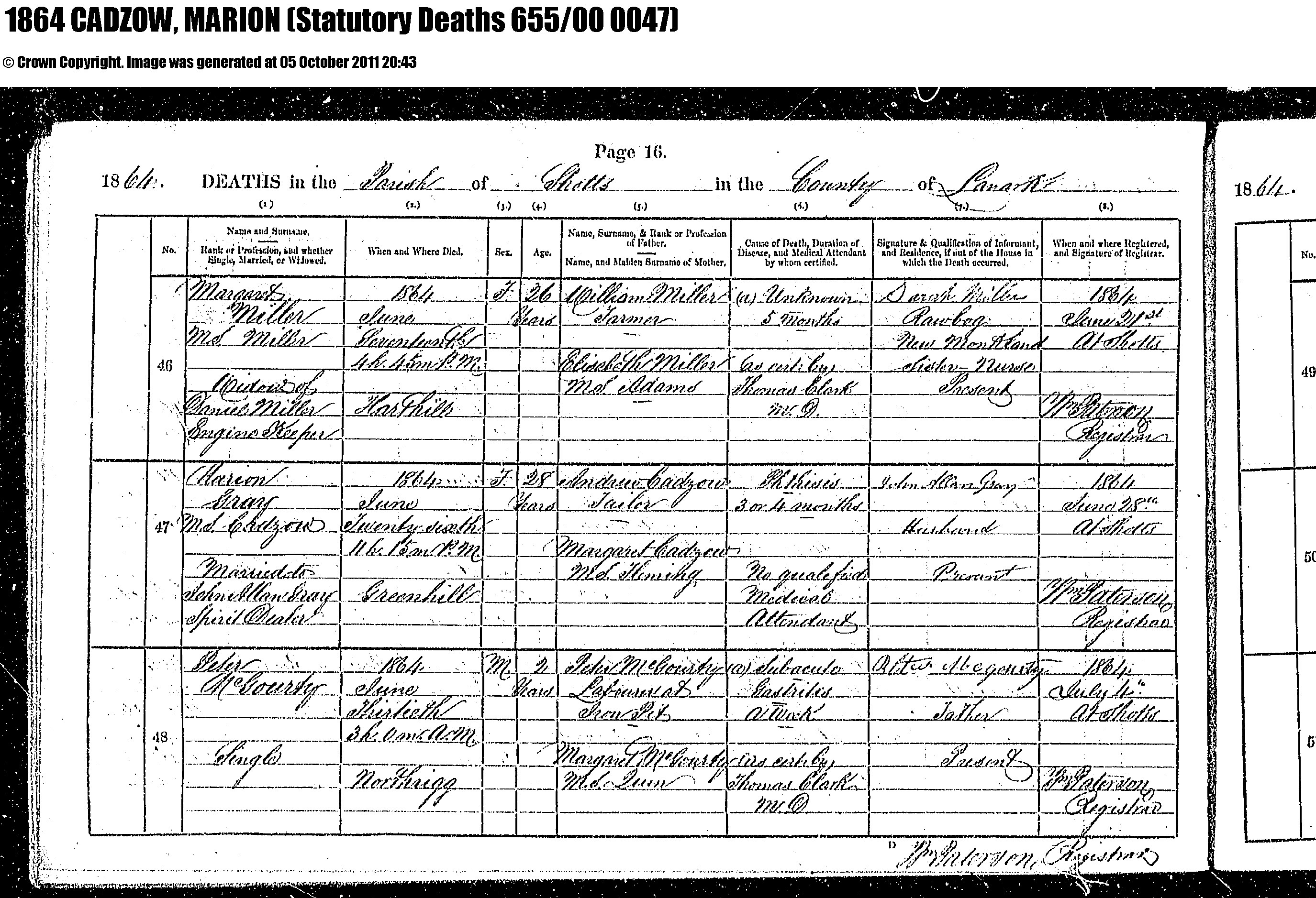 Marion Cadzow death 26.6.1864