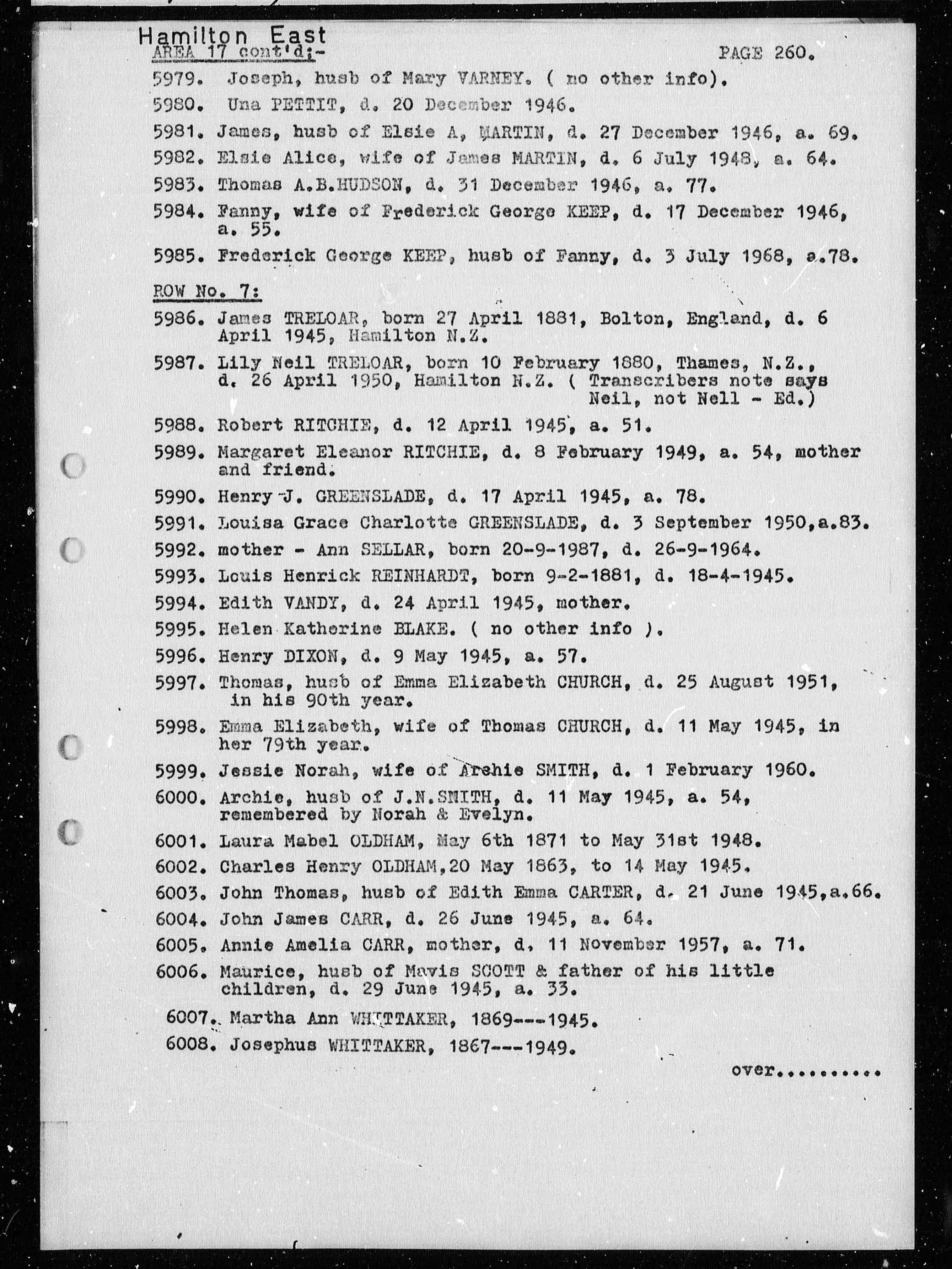 New Zealand, Cemetery Records, 1800-2007