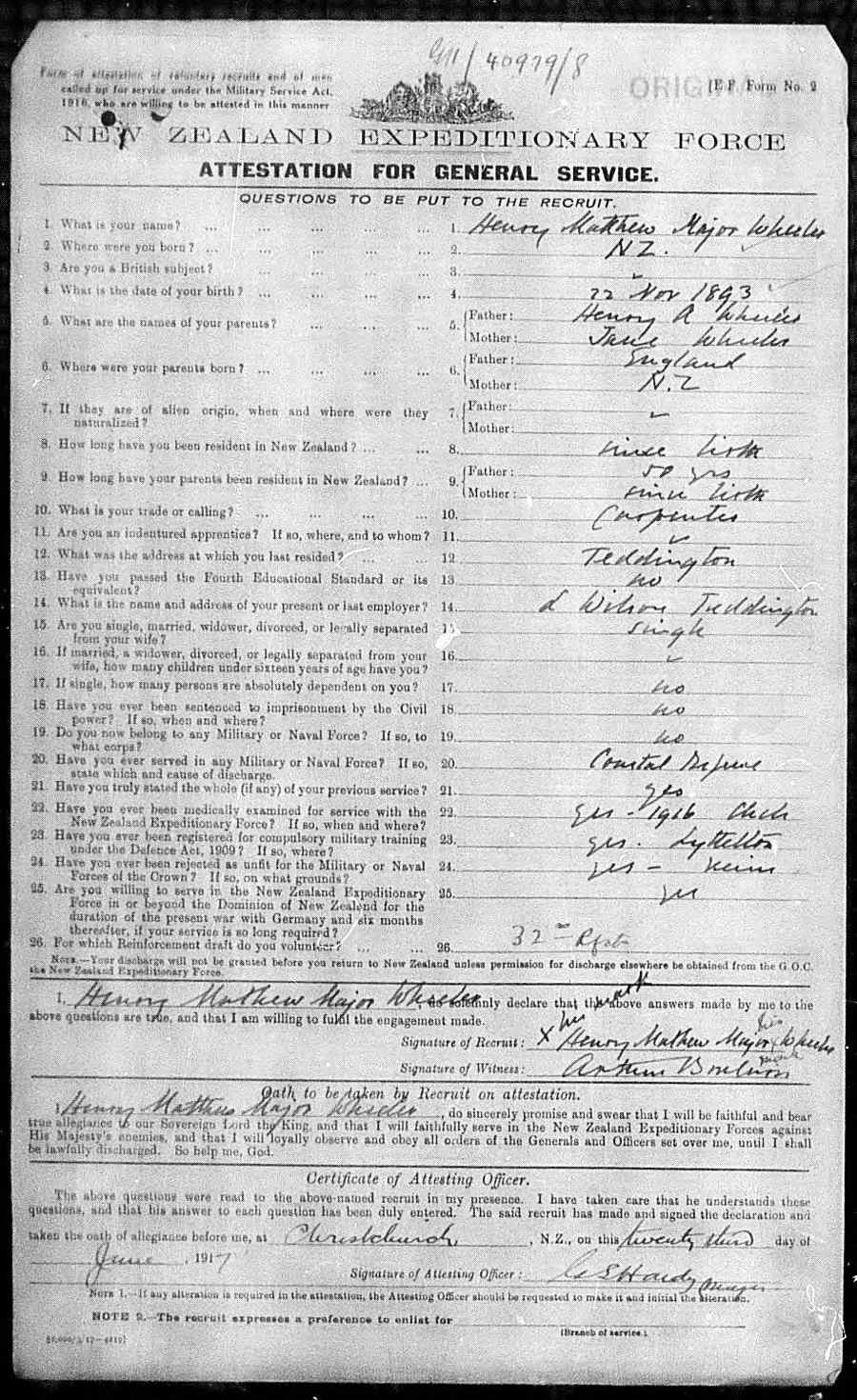 New Zealand, World War I Service Records, 1914-1920