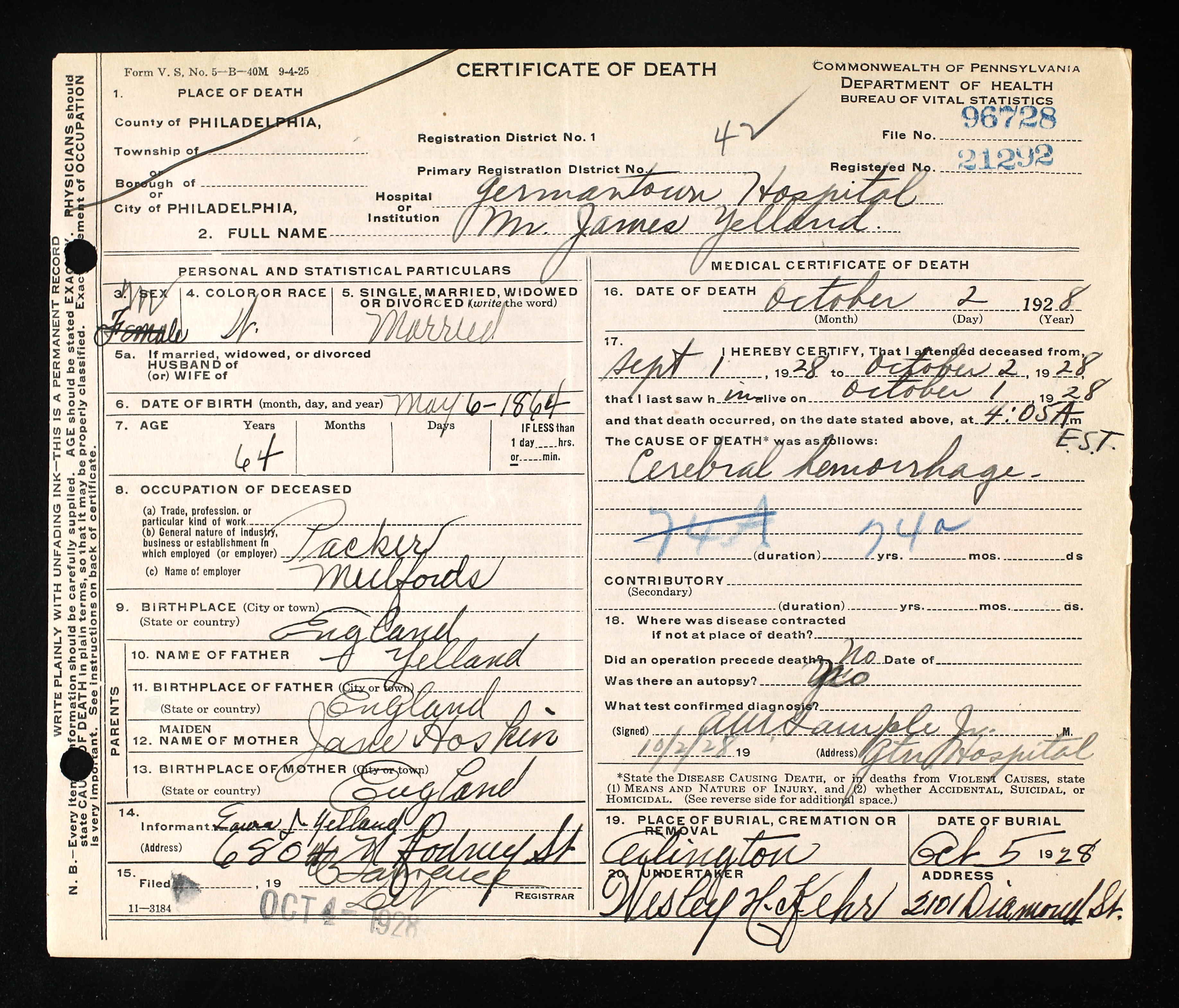 Pennsylvania, Death Certificates, 1906-1967