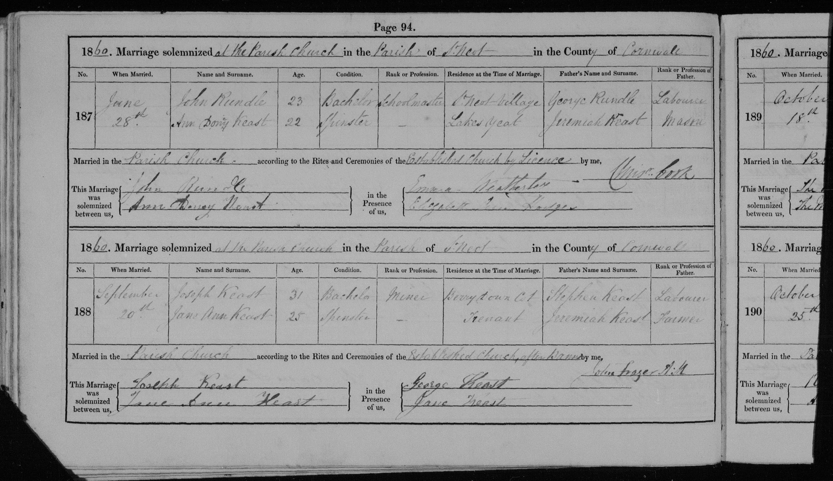 Record of marriage between Joseph Keast and Jane Ann Keast 1860