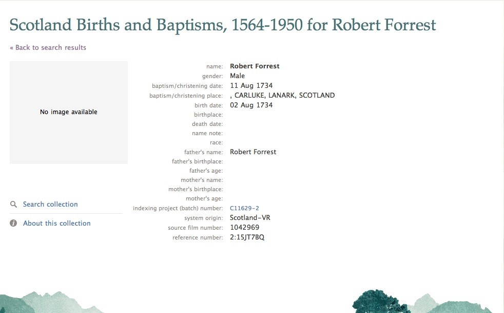 Robert Forrest Birth Index 1734