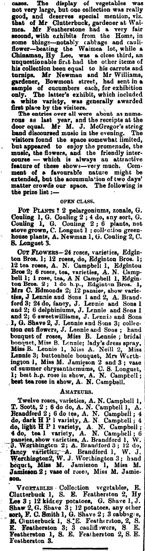 Southland Times 4th Jan  1898 Clutterbuck special mention Southland Horticultural show