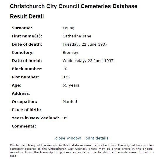 YOUNG, Catherine Jane d 1937 - Chch Cemeteries Database