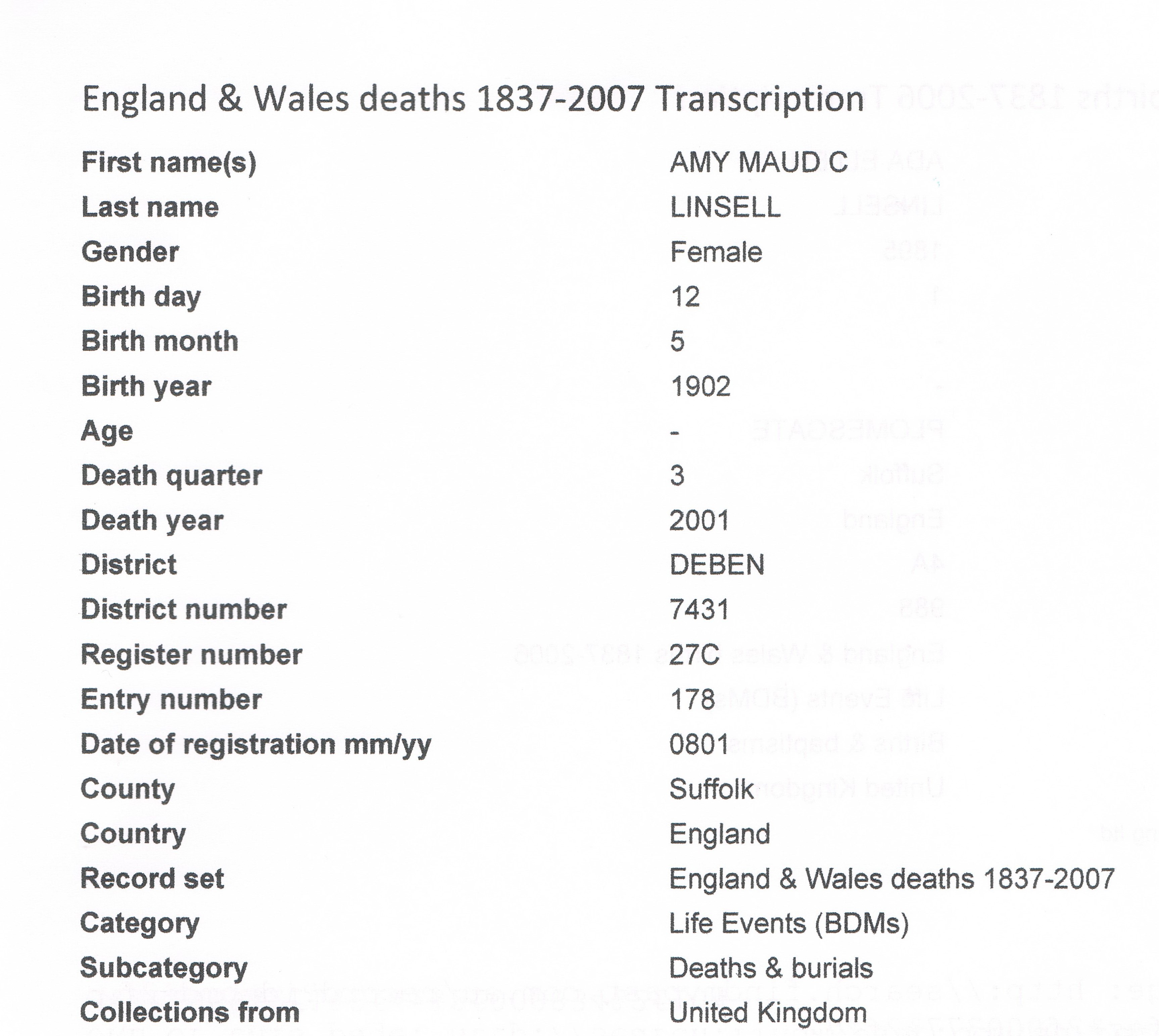 linsell Amy Maud Corrine 2001 Death
